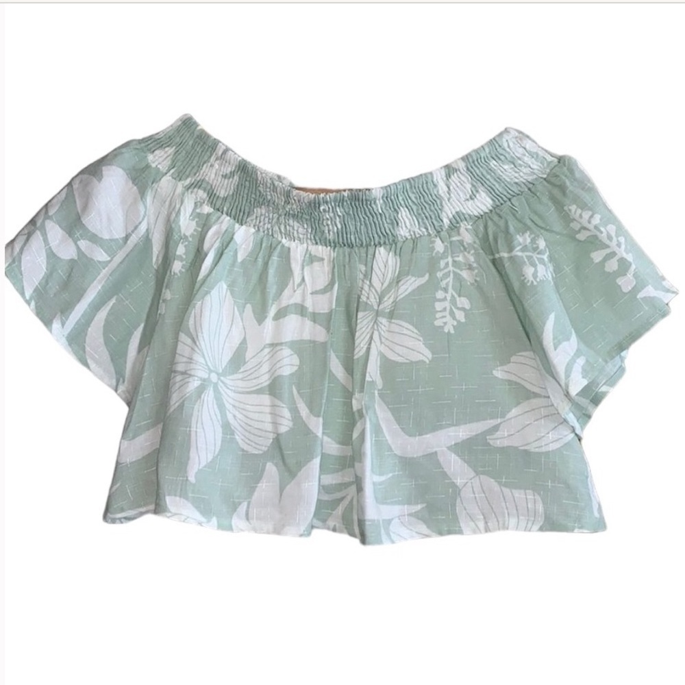 NWT Green & cream blouse crop smocked Womens Sz S